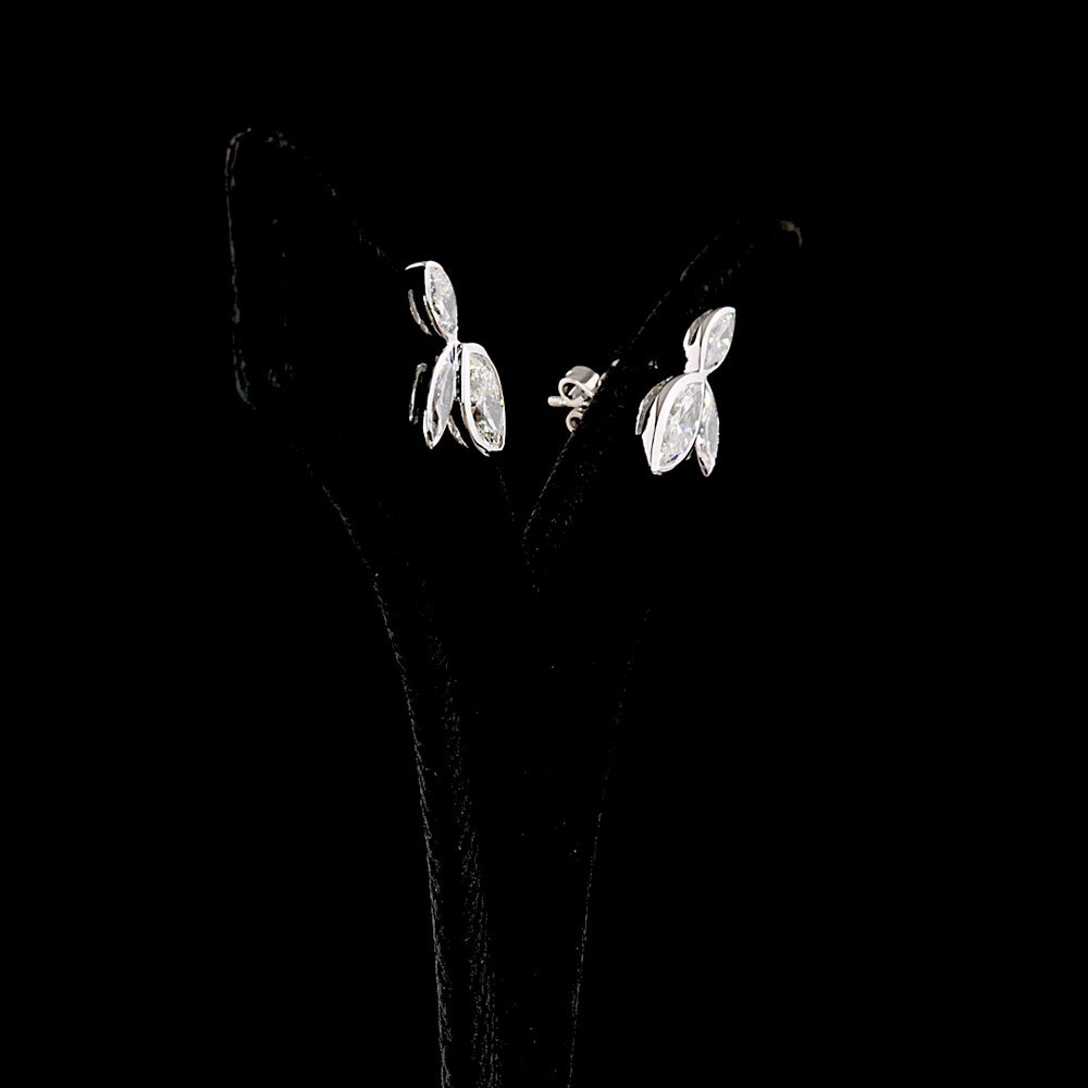14K White Gold Marquise Cut Bezel Set Lab Diamond Stud Earrings with Inclined Floral Motif - 3.11 Carats Total Diamond Weight - Covaloro Fine Jewelry