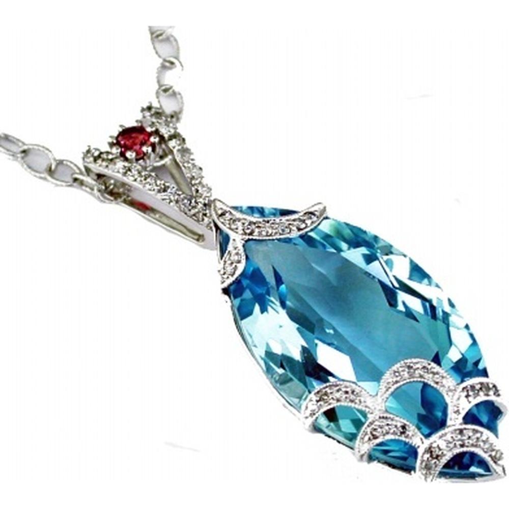 14K White Gold Marquise Cut Blue Topaz Pendant with Pink Tourmaline and 0.40 Carat Diamond Accents - 29.40 Carat Total Gem Weight - Royal Jewelry