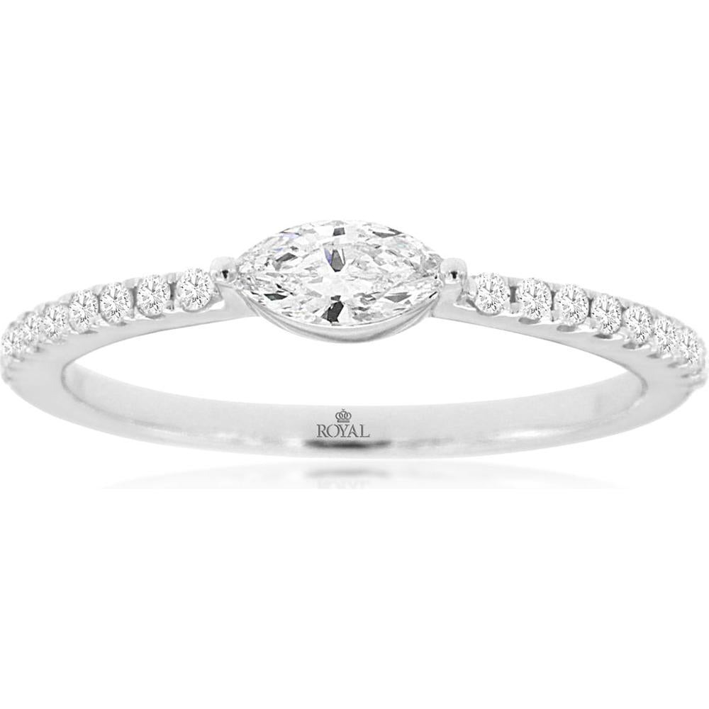 14K White Gold Marquise Cut Diamond Engagement Ring with Pave Set Round Diamond Accents - 0.42 Carat Total Diamond Weight - Royal Jewelry