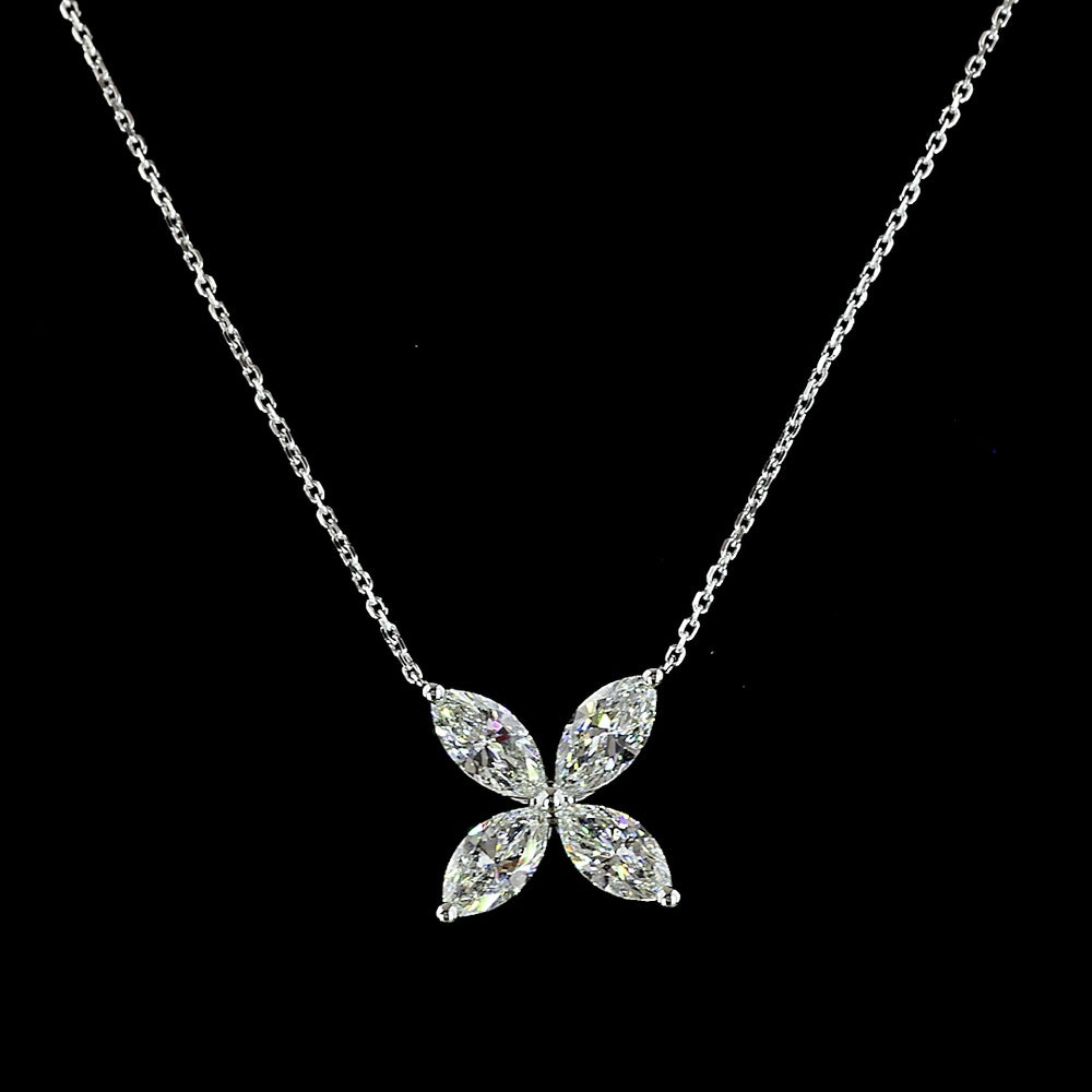 14K White Gold Marquise Cut Diamond Four-Leaf Pendant Necklace - 2.06 Carat Total Weight, E-F Color, VS+ Clarity Natural Diamonds - Covaloro Fine Jewelry