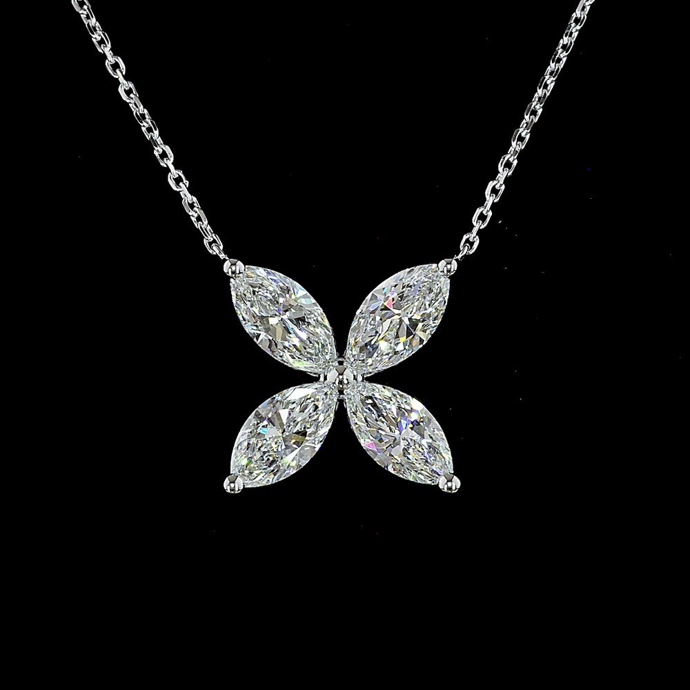 14K White Gold Marquise Cut Diamond Four-Leaf Pendant Necklace - 2.06 Carat Total Weight, E-F Color, VS+ Clarity Natural Diamonds - Covaloro Fine Jewelry