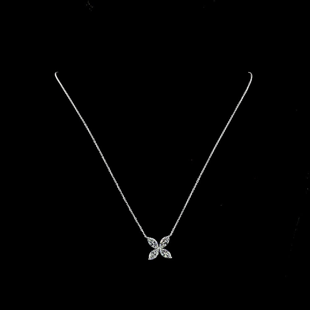 14K White Gold Marquise Cut Diamond Four-Leaf Pendant Necklace - 2.06 Carat Total Weight, E-F Color, VS+ Clarity Natural Diamonds - Covaloro Fine Jewelry