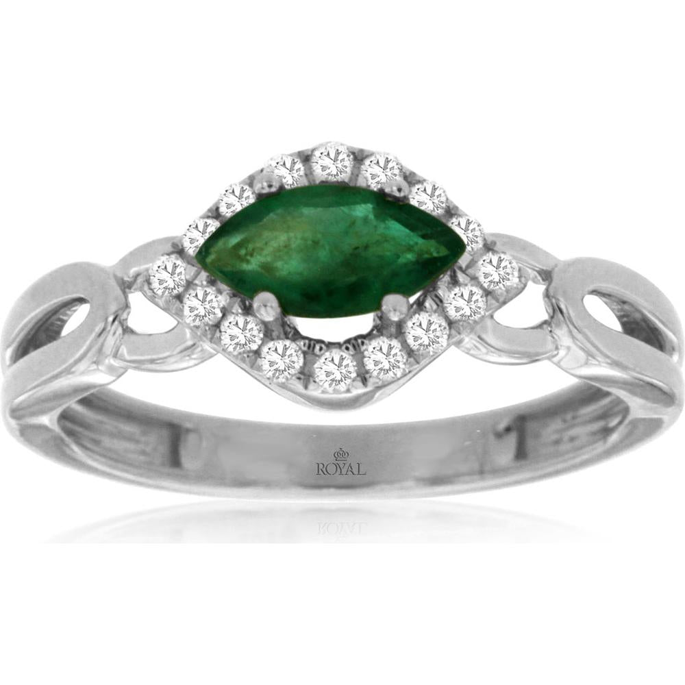 14K White Gold Marquise Cut Emerald and Diamond Halo Ring - 0.52 Carat Emerald, 0.16 Carat Total Diamond Weight - Royal Jewelry