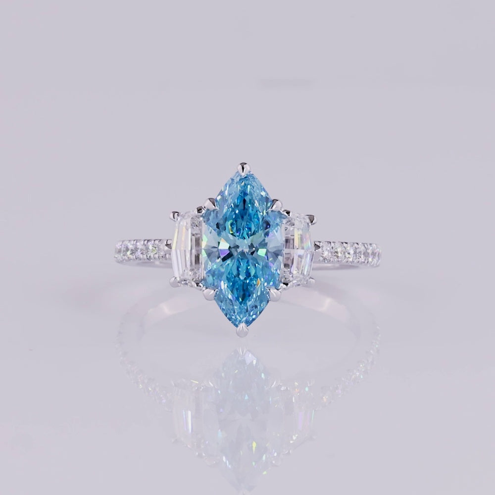 14K White Gold Marquise Cut Fancy Vivid Blue Lab Diamond Ring with Half Moon and Round Accent Diamonds - 2.59 Carats Total Diamond Weight - Covaloro Fine Jewelry