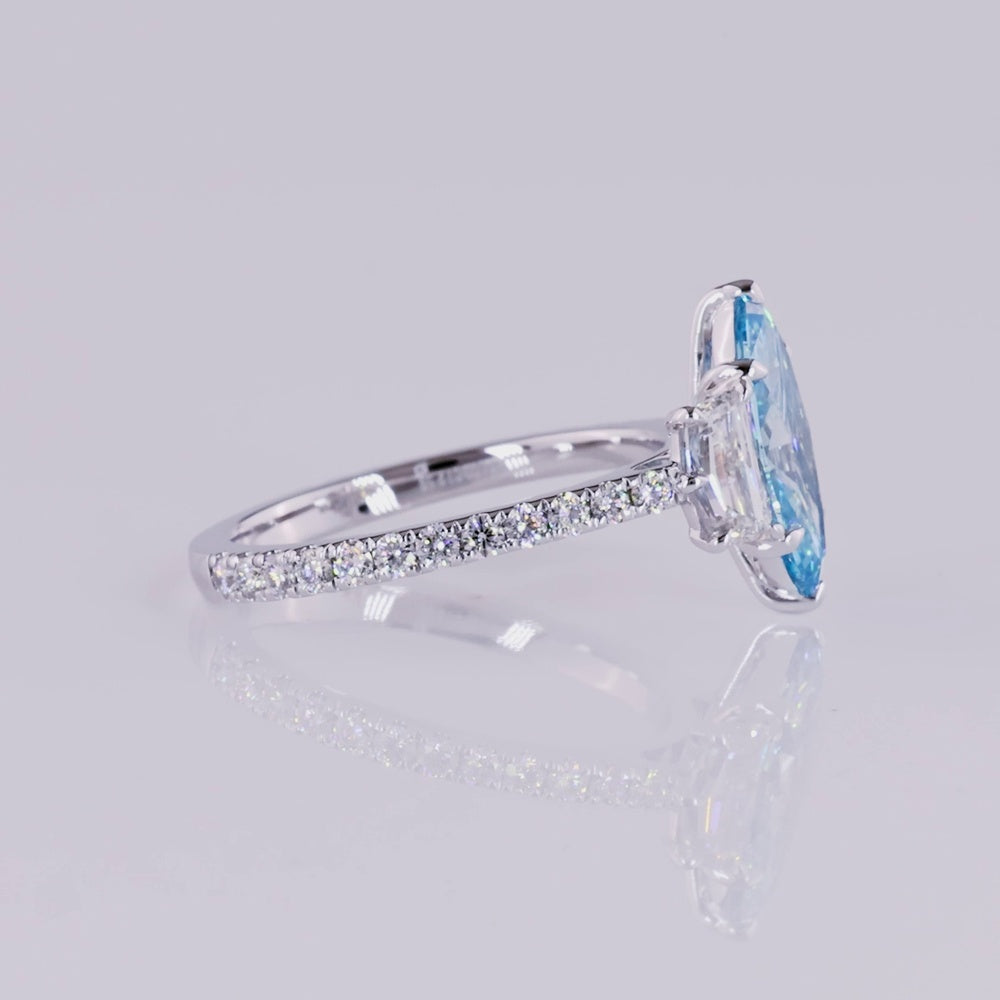 14K White Gold Marquise Cut Fancy Vivid Blue Lab Diamond Ring with Half Moon and Round Accent Diamonds - 2.59 Carats Total Diamond Weight - Covaloro Fine Jewelry