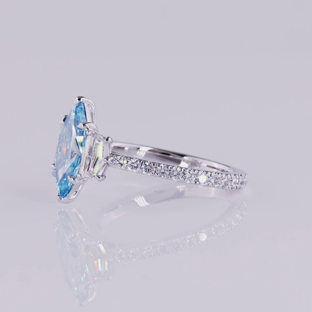 14K White Gold Marquise Cut Fancy Vivid Blue Lab Diamond Ring with Half Moon and Round Accent Diamonds - 2.59 Carats Total Diamond Weight - Covaloro Fine Jewelry