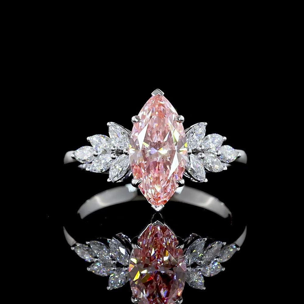 14K White Gold Marquise Cut Fancy Vivid Pink Lab Diamond Ring with Floral Side Stones - 1.92 Carat Total Weight - Covaloro Fine Jewelry