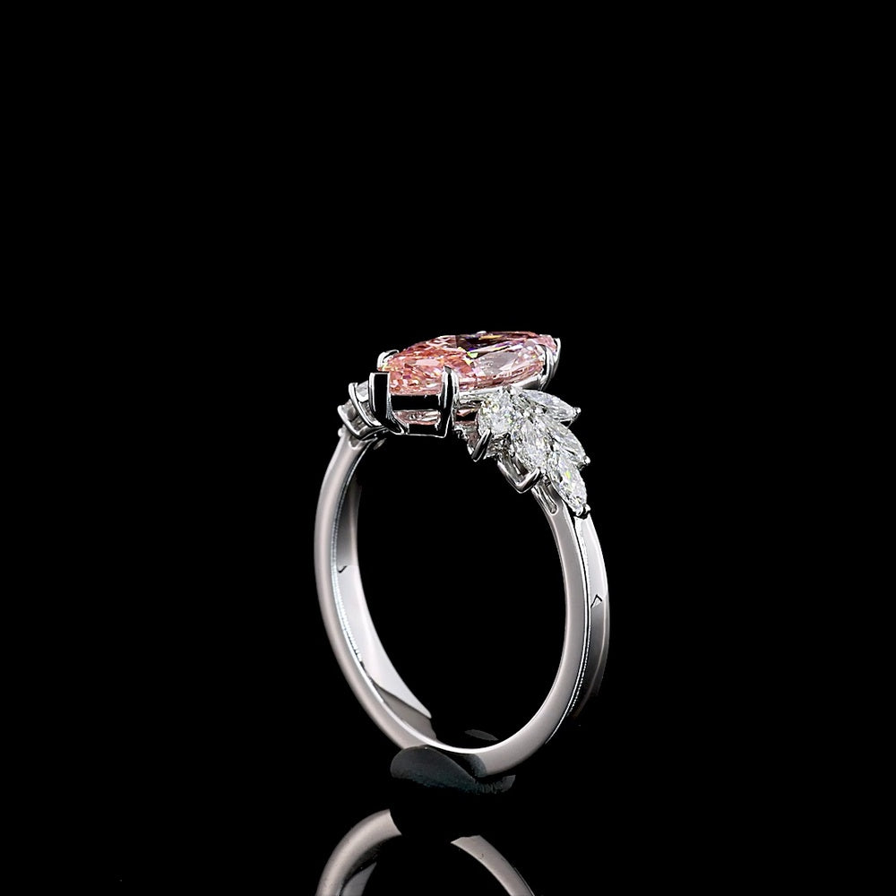 14K White Gold Marquise Cut Fancy Vivid Pink Lab Diamond Ring with Floral Side Stones - 1.92 Carat Total Weight - Covaloro Fine Jewelry
