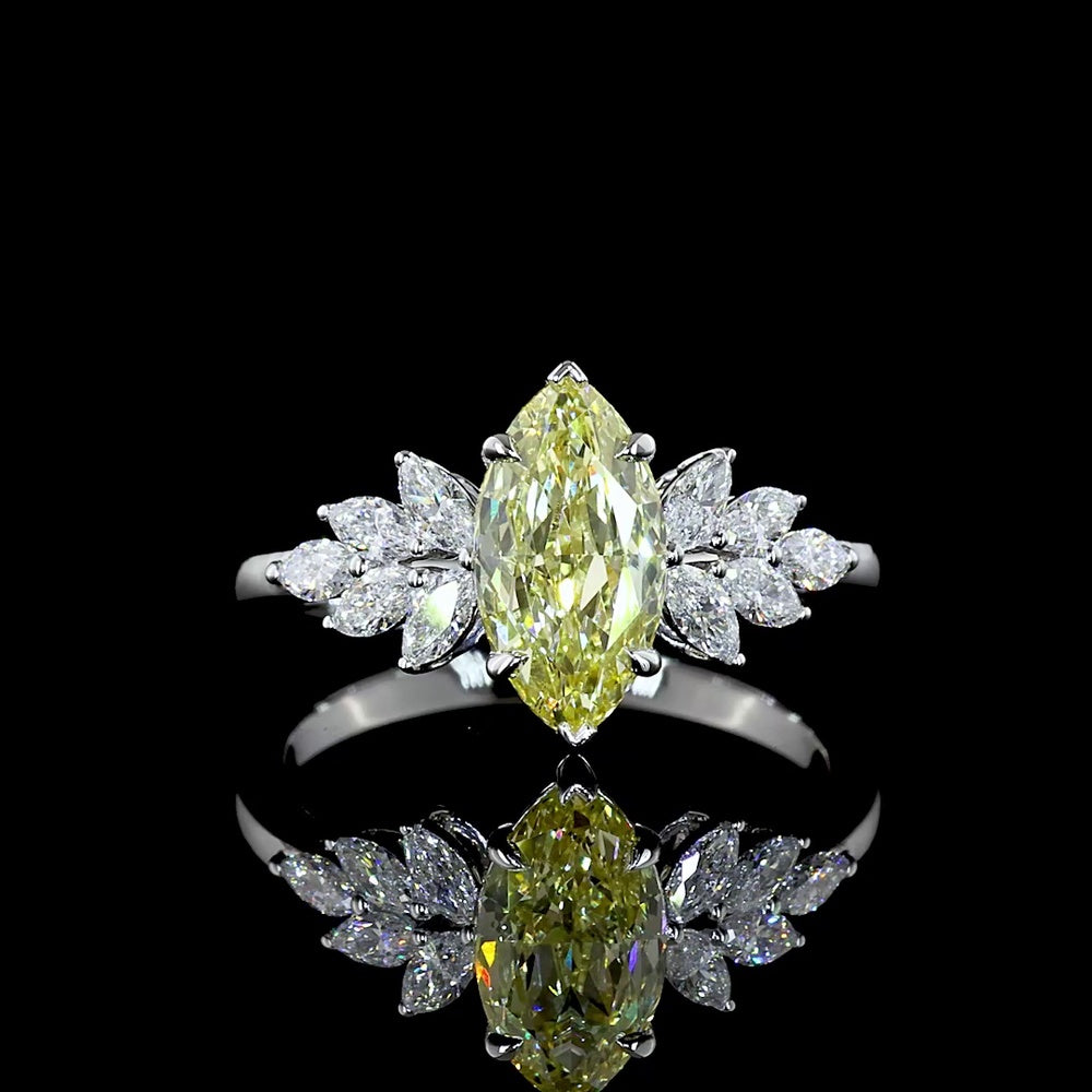 14K White Gold Marquise Cut Fancy Vivid Yellow Lab Diamond Ring with Fan Set White Diamond Accents - 2.02 Carat Total Diamond Weight - Covaloro Fine Jewelry
