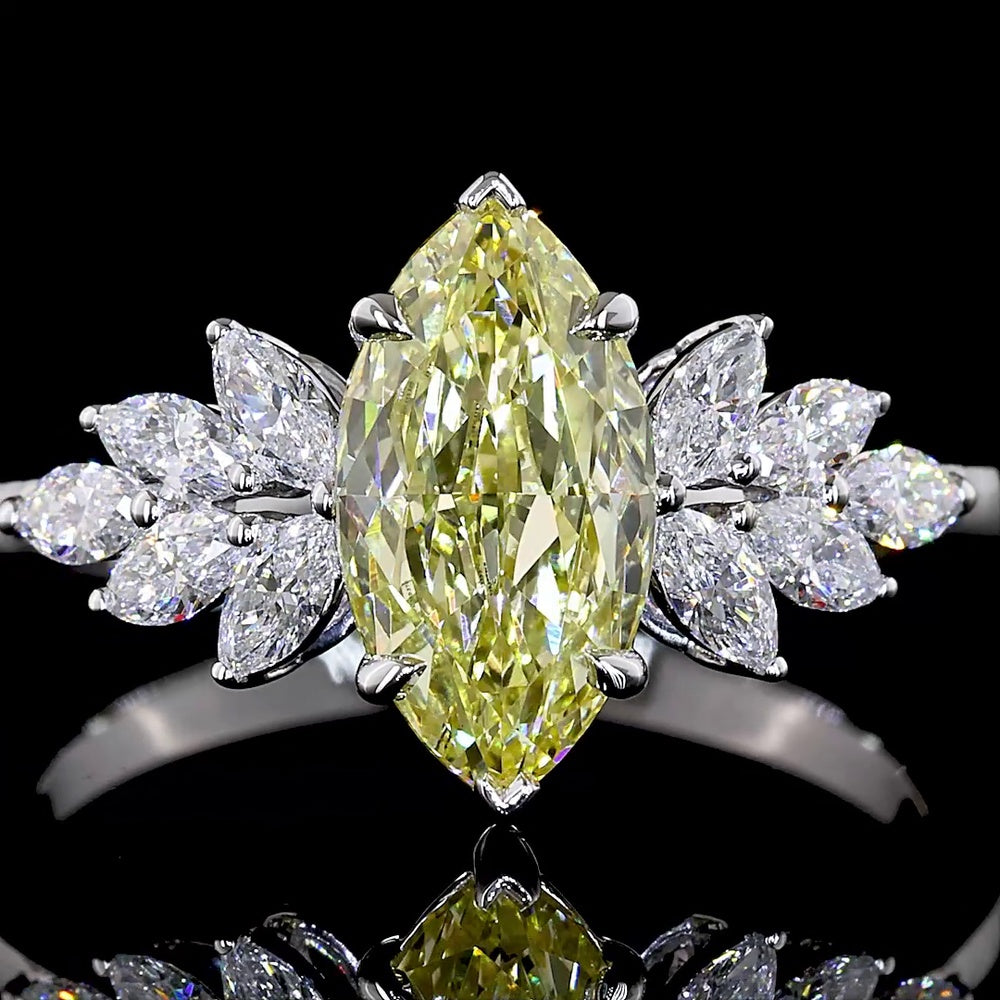 14K White Gold Marquise Cut Fancy Vivid Yellow Lab Diamond Ring with Fan Set White Diamond Accents - 2.02 Carat Total Diamond Weight - Covaloro Fine Jewelry