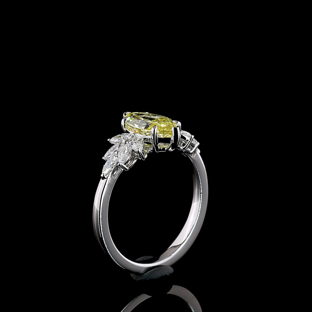 14K White Gold Marquise Cut Fancy Vivid Yellow Lab Diamond Ring with Fan Set White Diamond Accents - 2.02 Carat Total Diamond Weight - Covaloro Fine Jewelry