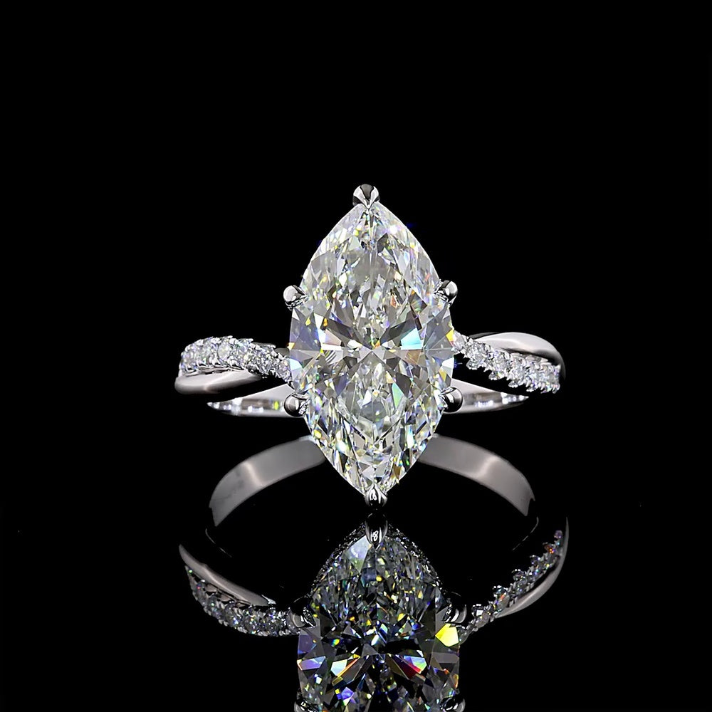 14K White Gold Marquise Cut Hidden Halo Ring with 3.79 Carat Center Lab Diamond and 0.28 Carat Accent Lab Diamonds - 4.07 Total Carat Weight - Covaloro Fine Jewelry