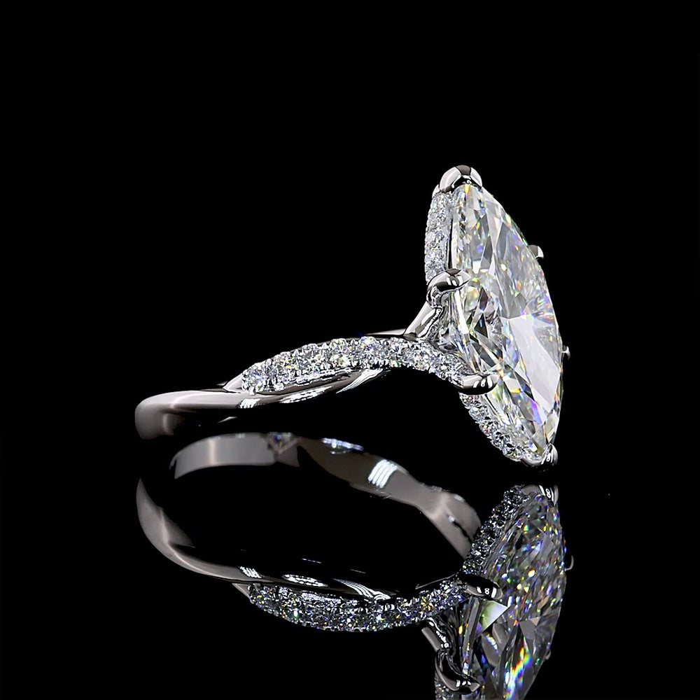 14K White Gold Marquise Cut Hidden Halo Ring with 3.79 Carat Center Lab Diamond and 0.28 Carat Accent Lab Diamonds - 4.07 Total Carat Weight - Covaloro Fine Jewelry