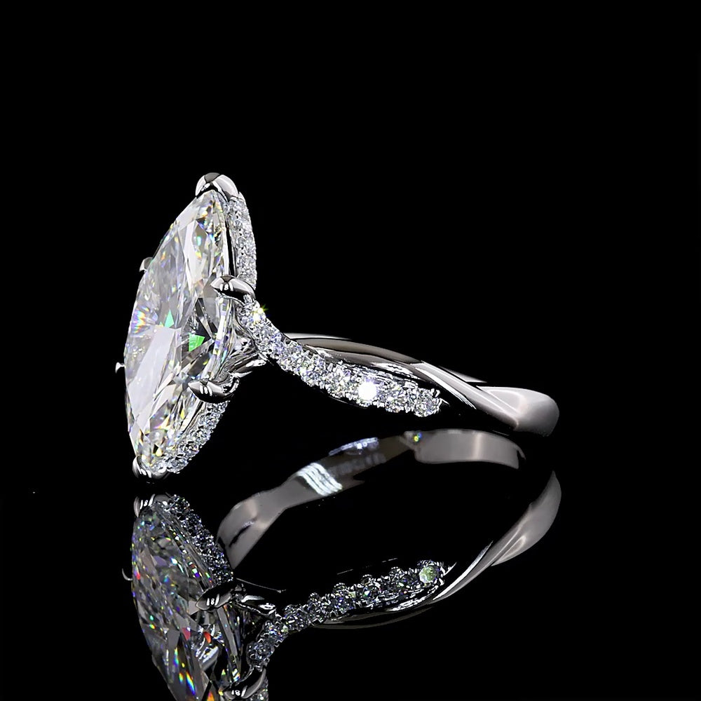 14K White Gold Marquise Cut Hidden Halo Ring with 3.79 Carat Center Lab Diamond and 0.28 Carat Accent Lab Diamonds - 4.07 Total Carat Weight - Covaloro Fine Jewelry