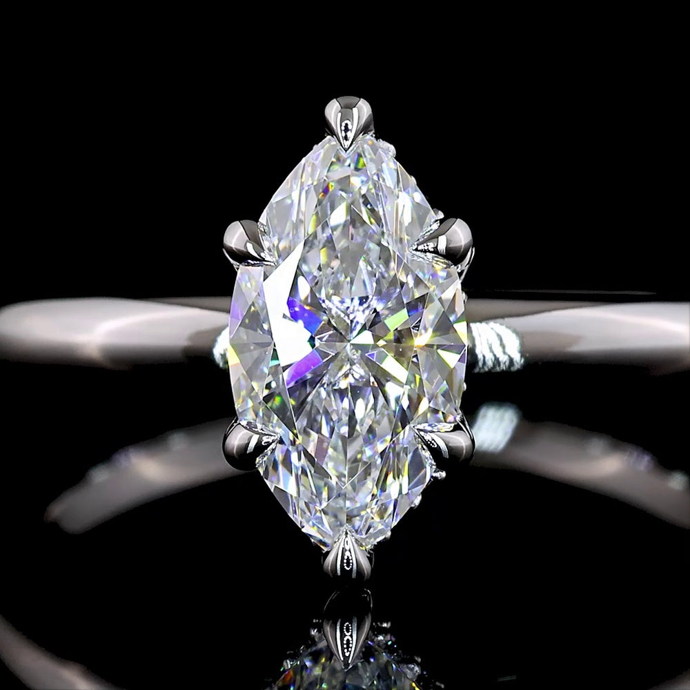 14K White Gold Marquise Cut Hidden Halo Ring with D VS1 Lab Diamond Center and Brilliant Cut Accents - 1.13 Carat Total Diamond Weight - Covaloro Fine Jewelry