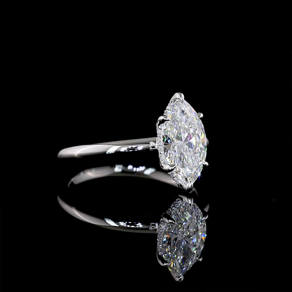 14K White Gold Marquise Cut Hidden Halo Ring with D VVS2 Center Lab Diamond and Brilliant Cut Accents - 1.57 Carat Total Weight - Covaloro Fine Jewelry