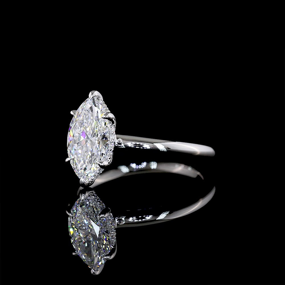 14K White Gold Marquise Cut Hidden Halo Ring with D VVS2 Center Lab Diamond and Brilliant Cut Accents - 1.57 Carat Total Weight - Covaloro Fine Jewelry