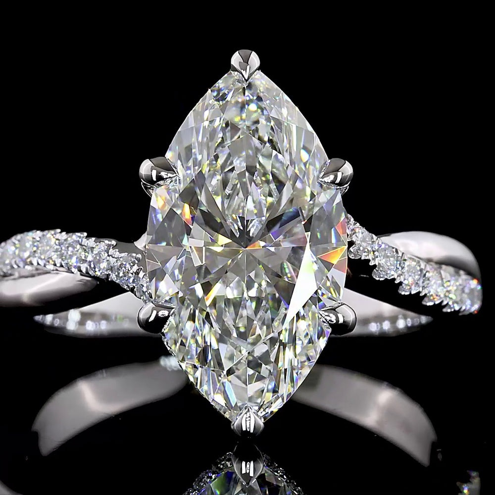 14K White Gold Marquise Cut Hidden Halo Ring with E VVS2 Lab Diamond Center - 3.33 Carat Total Diamond Weight - Covaloro Fine Jewelry