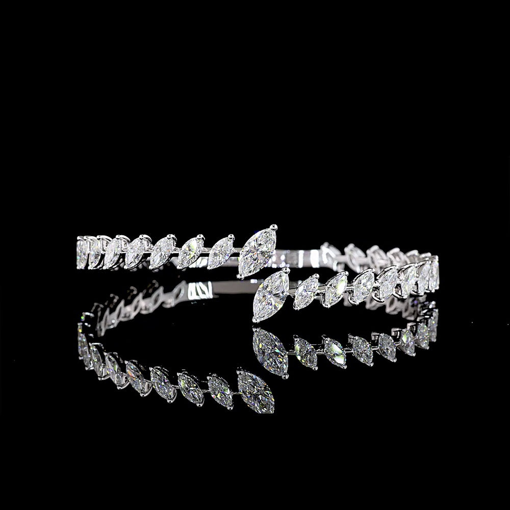 14K White Gold Marquise Cut Lab Diamond Bangle Bracelet with Inclined Prong Setting - 7.55 Carat Total Diamond Weight - Covaloro Fine Jewelry