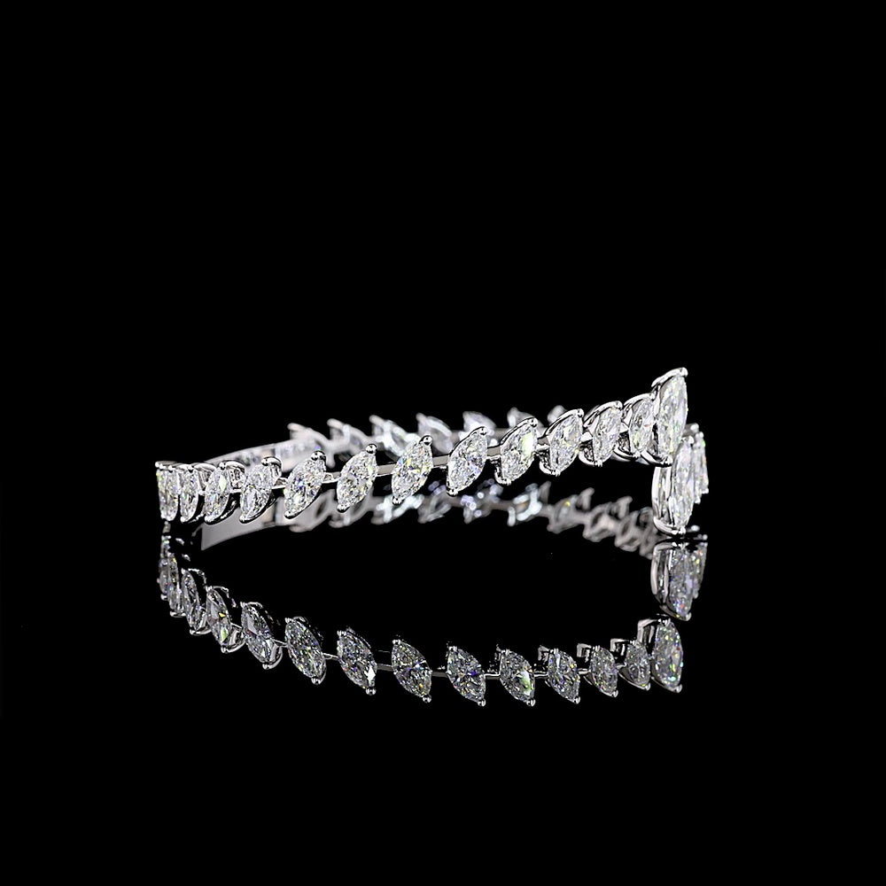 14K White Gold Marquise Cut Lab Diamond Bangle Bracelet with Inclined Prong Setting - 7.55 Carat Total Diamond Weight - Covaloro Fine Jewelry