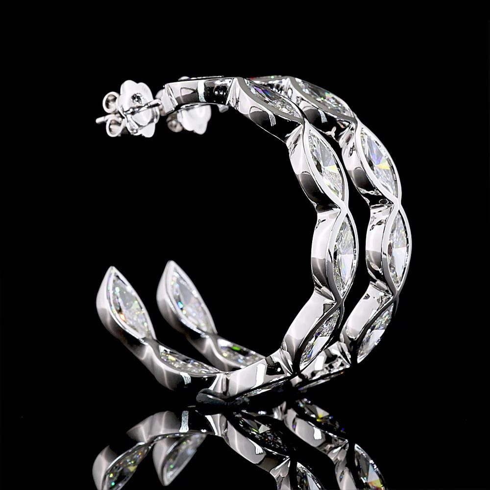 14K White Gold Marquise Cut Lab Diamond C-Hoop Earrings - 12.60 Total Carat Weight, Bezel Set, E-F Color VS Clarity - Covaloro Fine Jewelry