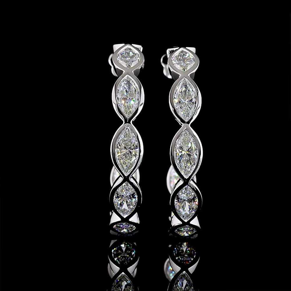 14K White Gold Marquise Cut Lab Diamond C-Hoop Earrings - 12.60 Total Carat Weight, Bezel Set, E-F Color VS Clarity - Covaloro Fine Jewelry