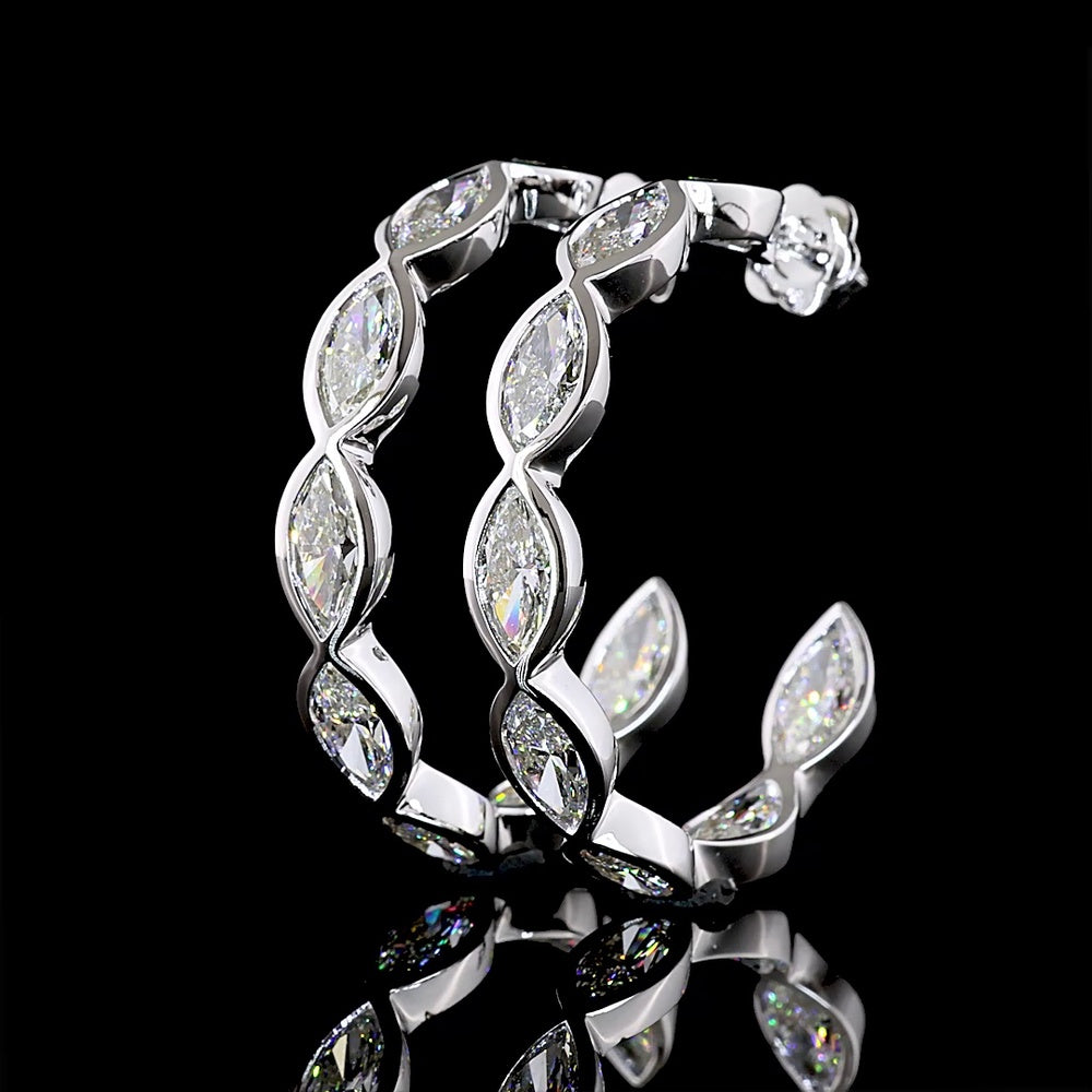 14K White Gold Marquise Cut Lab Diamond C-Hoop Earrings - 12.60 Total Carat Weight, Bezel Set, E-F Color VS Clarity - Covaloro Fine Jewelry