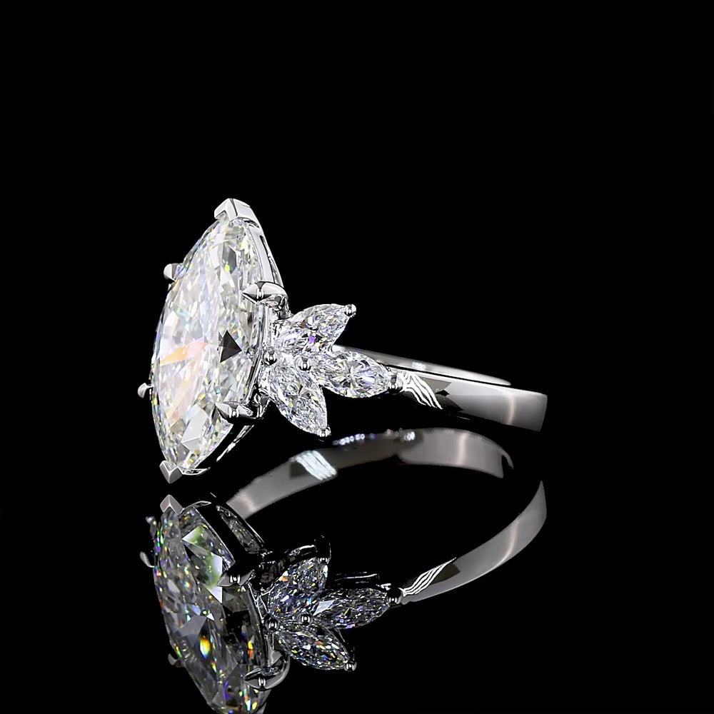 14K White Gold Marquise Cut Lab Diamond Floral Side-Stone Ring - 3.03 Carats Center Stone, 3.56 Carats Total Diamond Weight, IGI Certified E-F VS1 - Covaloro Fine Jewelry