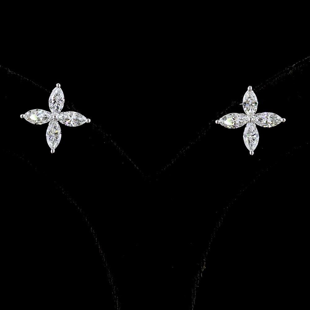 14K White Gold Marquise Cut Lab Diamond Floral Stud Earrings - 2.19 Carat Total Weight, E-F Color VS1 Clarity, Prong Set with Inclined Orientation - Covaloro Fine Jewelry