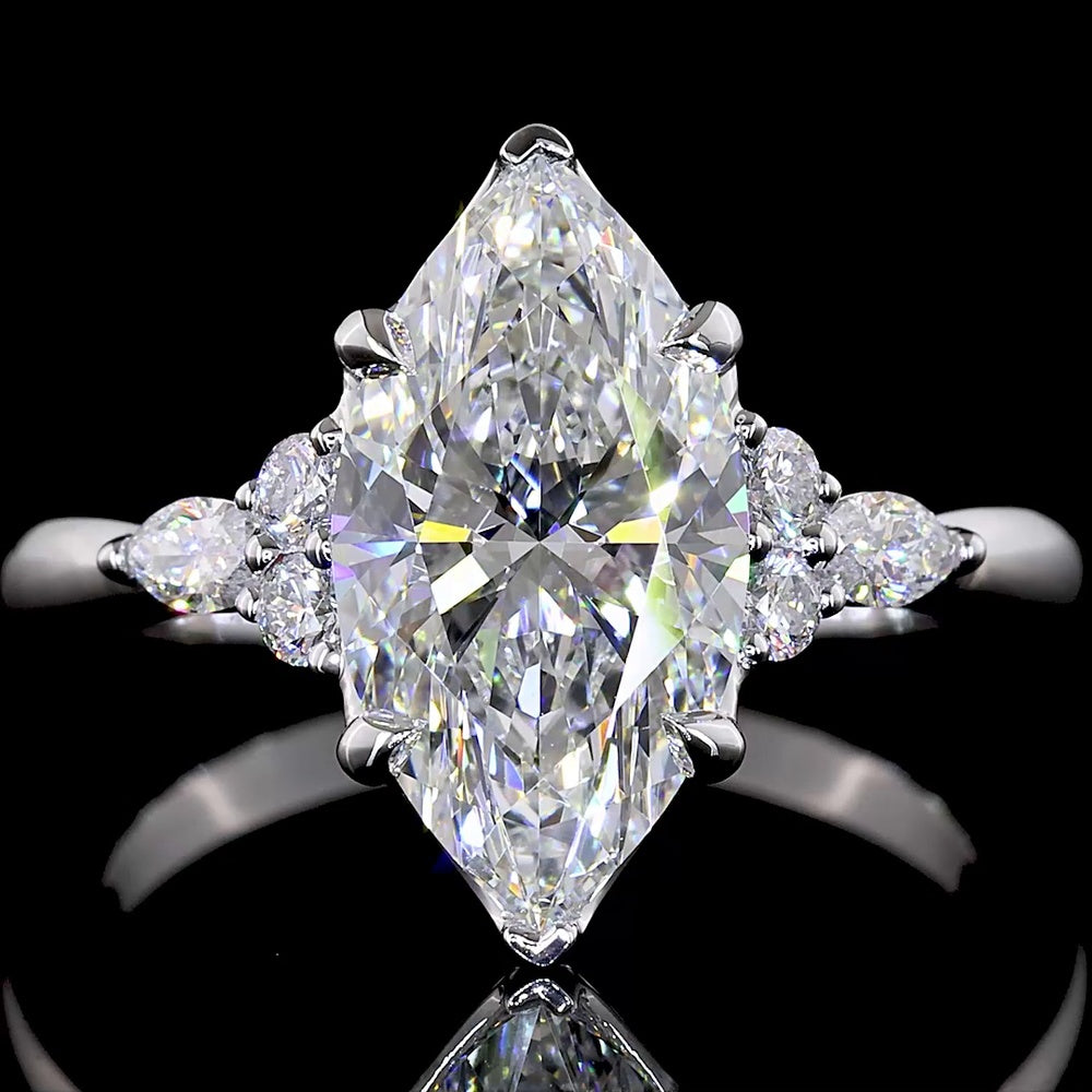 14K White Gold Marquise Cut Lab Diamond Ring with Side Stones - E VVS2 2.72 Carat Total Weight - Covaloro Fine Jewelry
