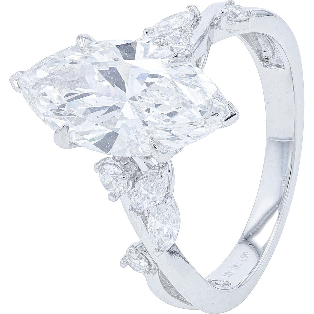 14K White Gold Marquise Cut Lab Grown Diamond Engagement Ring with Accent Stones - 3.50 Carat Total Diamond Weight, E Color, VS2 Clarity