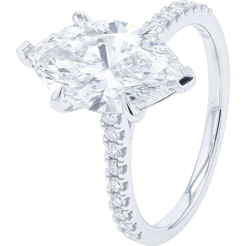 14K White Gold Marquise-Cut Lab Grown Diamond Engagement Ring with Pavé Shoulders - 3.26 Carat Total Diamond Weight