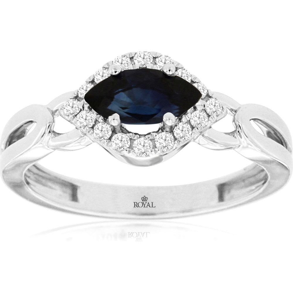 14K White Gold Marquise-Cut Sapphire Ring with Diamond Halo - 0.73 Carat Sapphire and 0.16 Carat Total Diamond Weight - Royal Jewelry