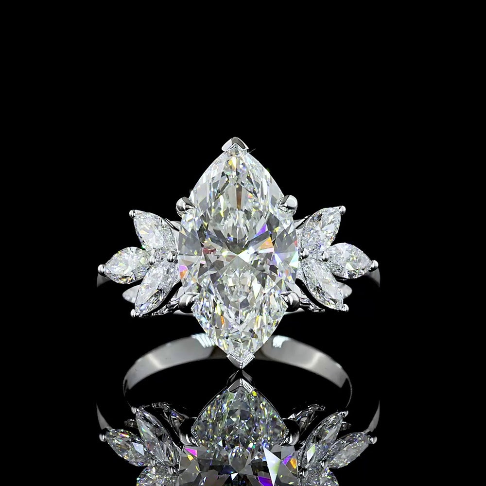 14K White Gold Marquise Cut Special Ring with F VVS2 Center Lab Diamond and Six Marquise Accents - 4.91 Carat Total Diamond Weight - Covaloro Fine Jewelry