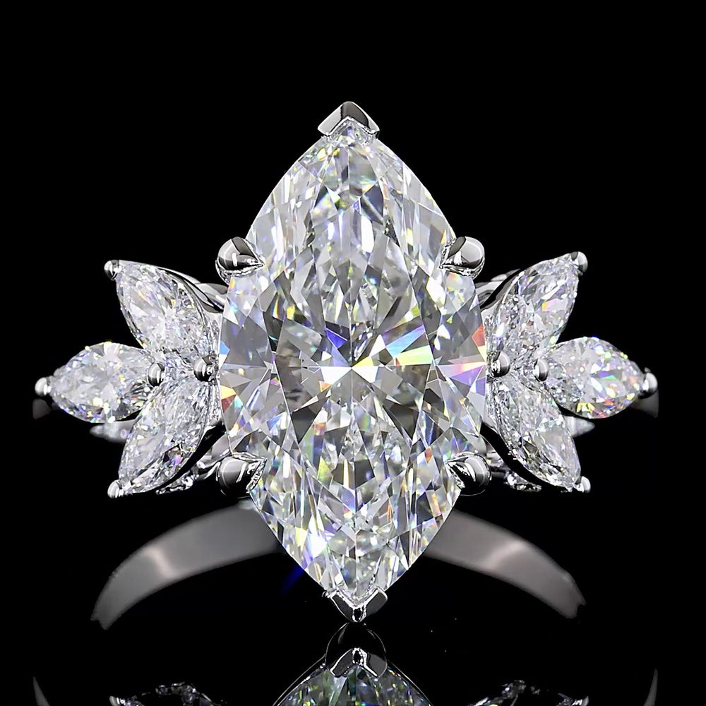 14K White Gold Marquise Cut Special Ring with F VVS2 Center Lab Diamond and Six Marquise Accents - 4.91 Carat Total Diamond Weight - Covaloro Fine Jewelry