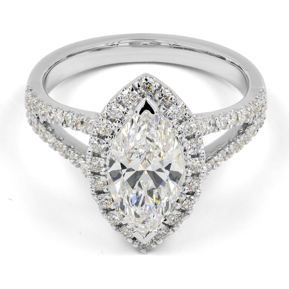 14K White Gold Marquise Cut Split Shank Halo Ring with 1.41 Carat Total Weight Lab Grown Diamonds (GIA Certified D VVS2 Center) - Covaloro Fine Jewelry