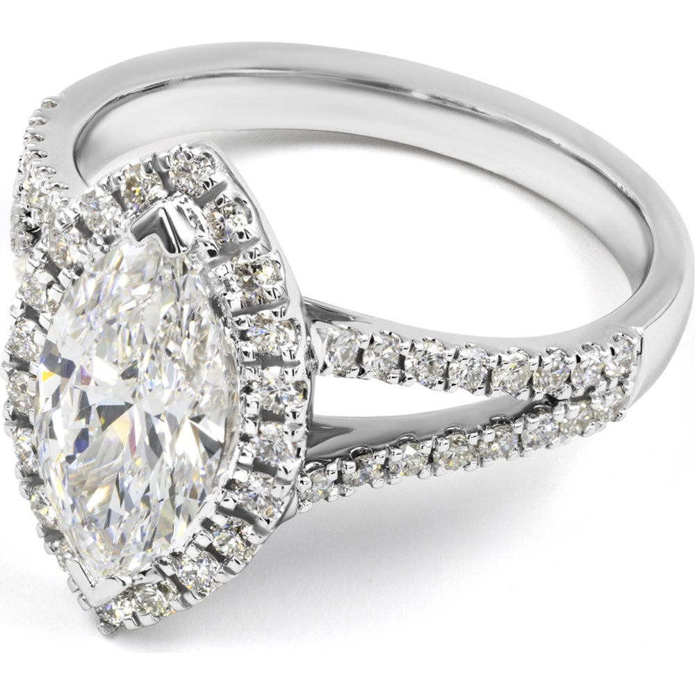 14K White Gold Marquise Cut Split Shank Halo Ring with 1.41 Carat Total Weight Lab Grown Diamonds (GIA Certified D VVS2 Center) - Covaloro Fine Jewelry