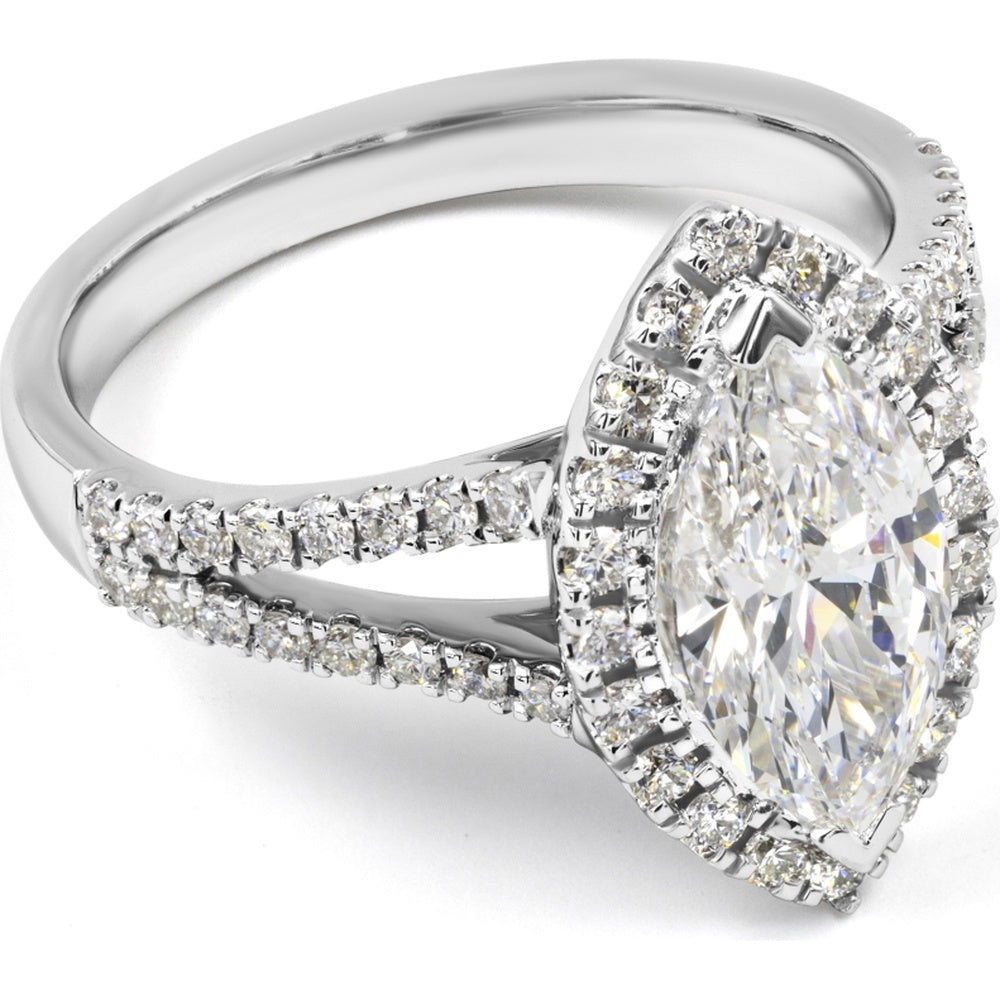 14K White Gold Marquise Cut Split Shank Lab Diamond Ring with Halo - 1.99 Total Carat Weight, E VS1 Center (1.51 Carats) - Covaloro Fine Jewelry