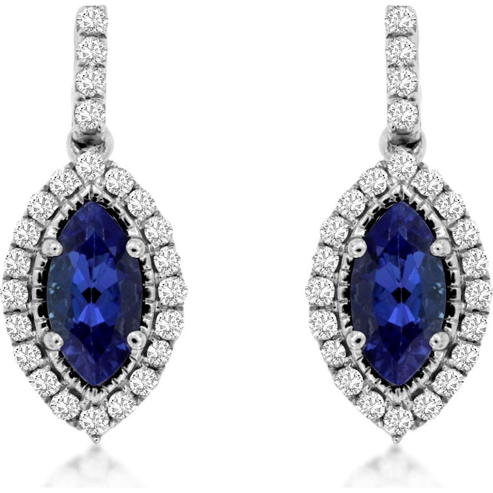 14K White Gold Marquise Cut Tanzanite and Diamond Halo Drop Earrings - 0.70 Total Carat Tanzanite, 0.30 Total Carat Diamond - Royal Jewelry
