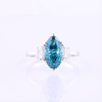 14K White Gold Marquise Cut Three-Stone Ring with 2.44 Carats Fancy Vivid Blue Lab Diamond and Half-Moon Side Diamonds - 3.05 Carats Total Diamond Weight - Covaloro Fine Jewelry
