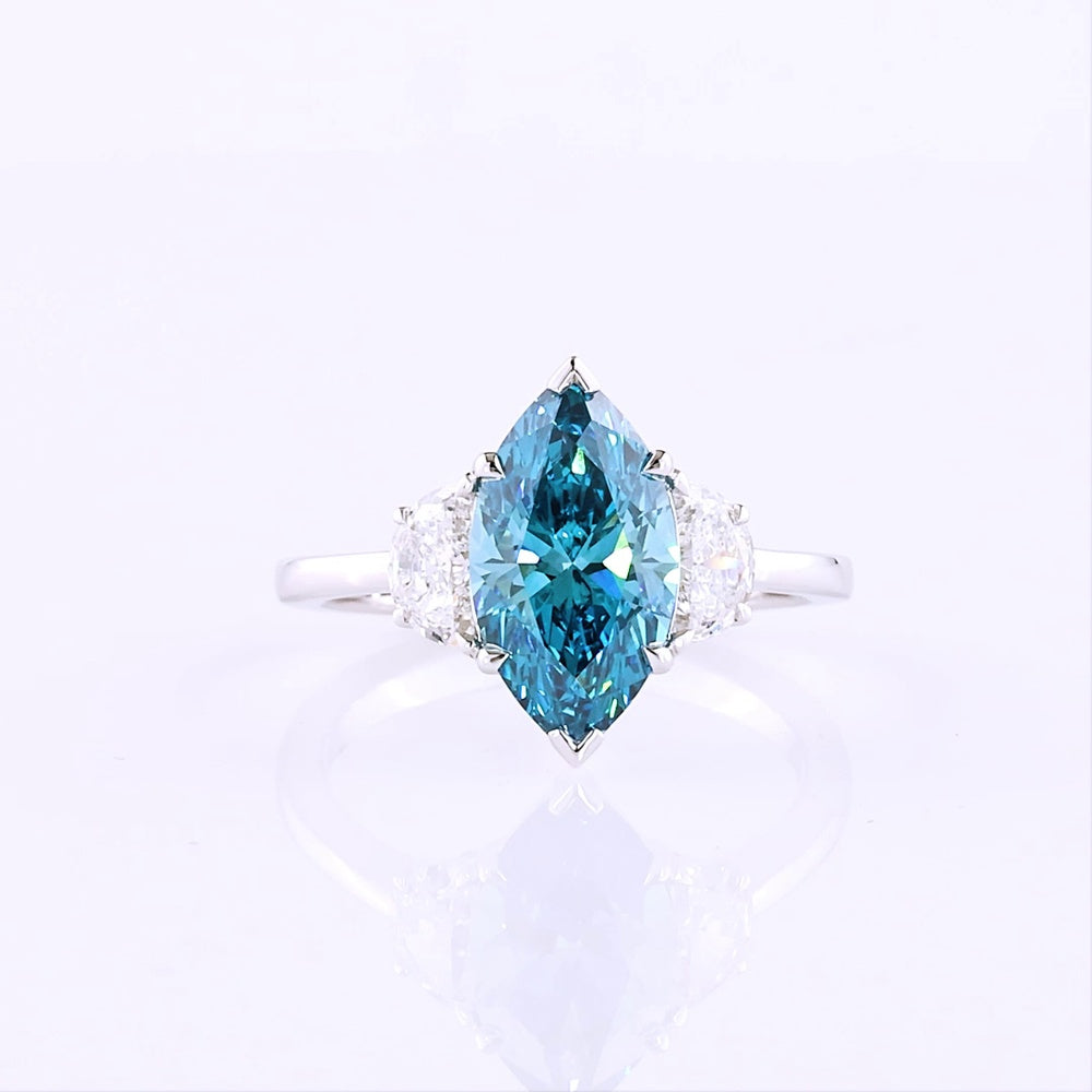 14K White Gold Marquise Cut Three-Stone Ring with 2.44 Carats Fancy Vivid Blue Lab Diamond and Half-Moon Side Diamonds - 3.05 Carats Total Diamond Weight - Covaloro Fine Jewelry
