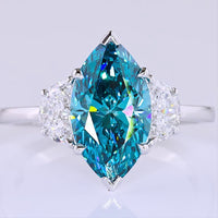14K White Gold Marquise Cut Three-Stone Ring with 2.44 Carats Fancy Vivid Blue Lab Diamond and Half-Moon Side Diamonds - 3.05 Carats Total Diamond Weight - Covaloro Fine Jewelry