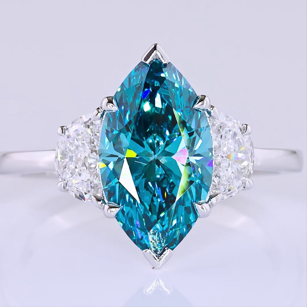 14K White Gold Marquise Cut Three-Stone Ring with 2.44 Carats Fancy Vivid Blue Lab Diamond and Half-Moon Side Diamonds - 3.05 Carats Total Diamond Weight - Covaloro Fine Jewelry