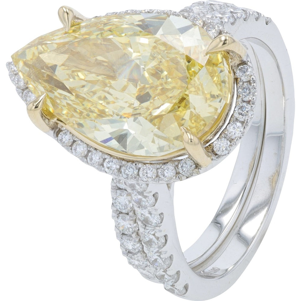 14K White Gold Marquise Cut Yellow Lab Grown Diamond Bridal Set with Pavé Halo and Split Shank - 7.50 Carat Total Diamond Weight