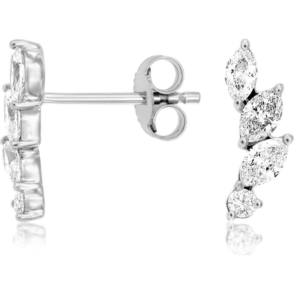 14K White Gold Marquise Diamond Cluster Drop-Profile Earrings - 0.62 Carat Total Diamond Weight - Royal Jewelry