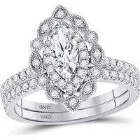 14K White Gold Marquise Diamond Halo Bridal Wedding Ring Set 1-1/4 Carat Total Weight (Certified)