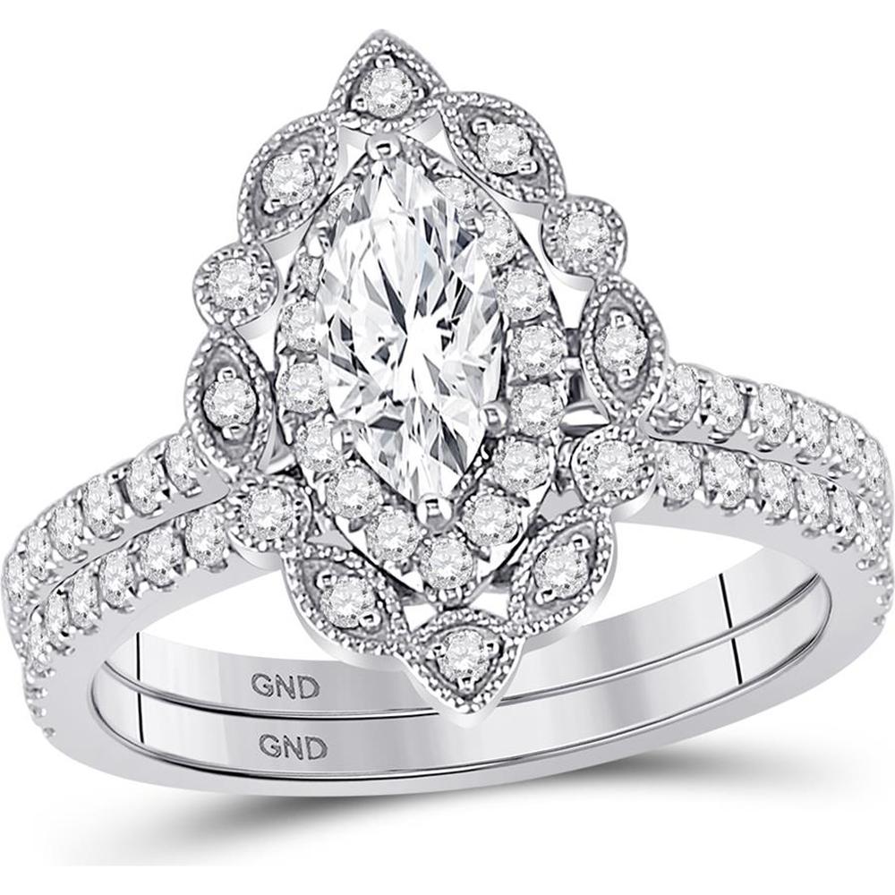 14K White Gold Marquise Diamond Halo Bridal Wedding Ring Set 1-1/4 Carat Total Weight (Certified)