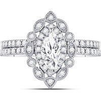 14K White Gold Marquise Diamond Halo Bridal Wedding Ring Set 1-1/4 Carat Total Weight (Certified)