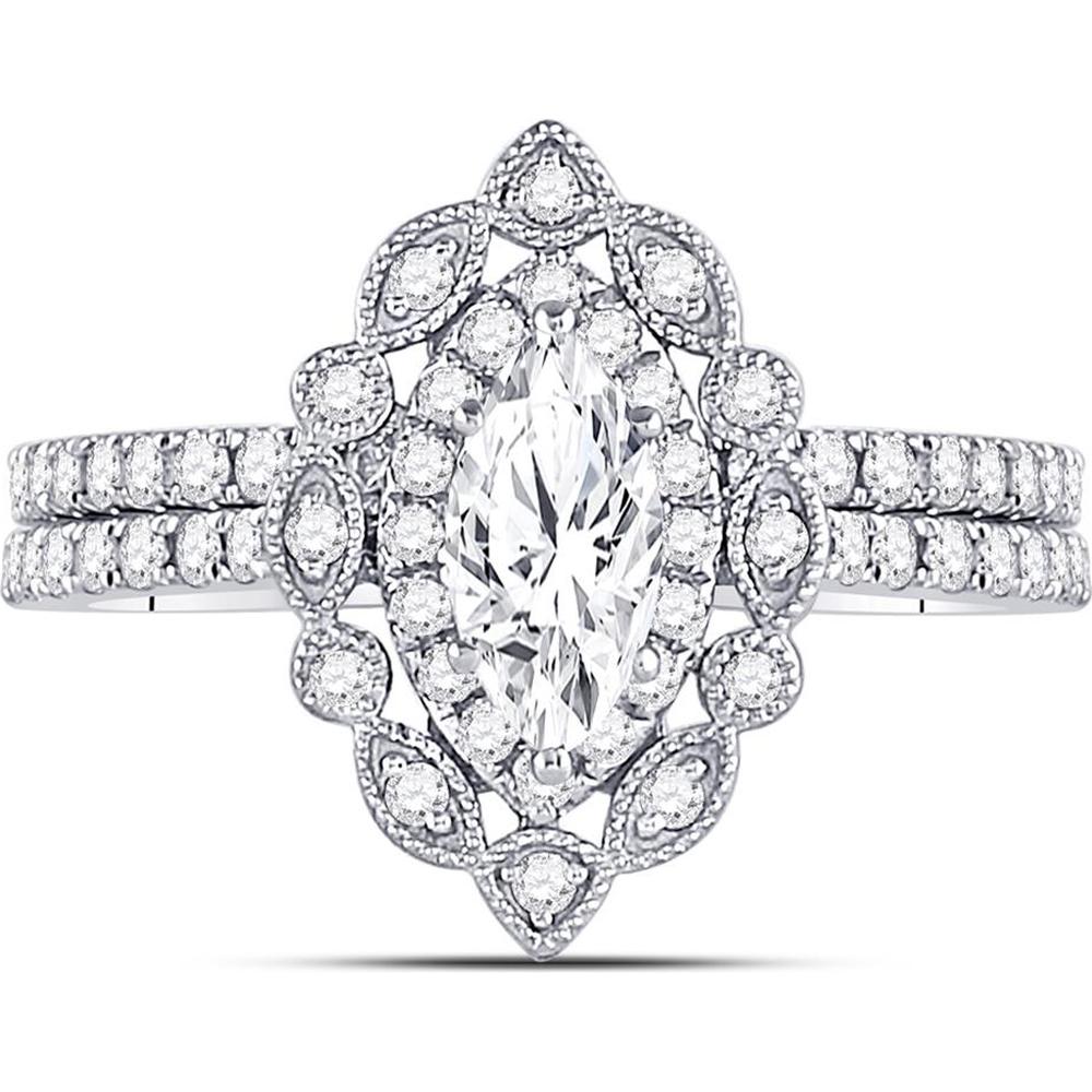 14K White Gold Marquise Diamond Halo Bridal Wedding Ring Set 1-1/4 Carat Total Weight (Certified)