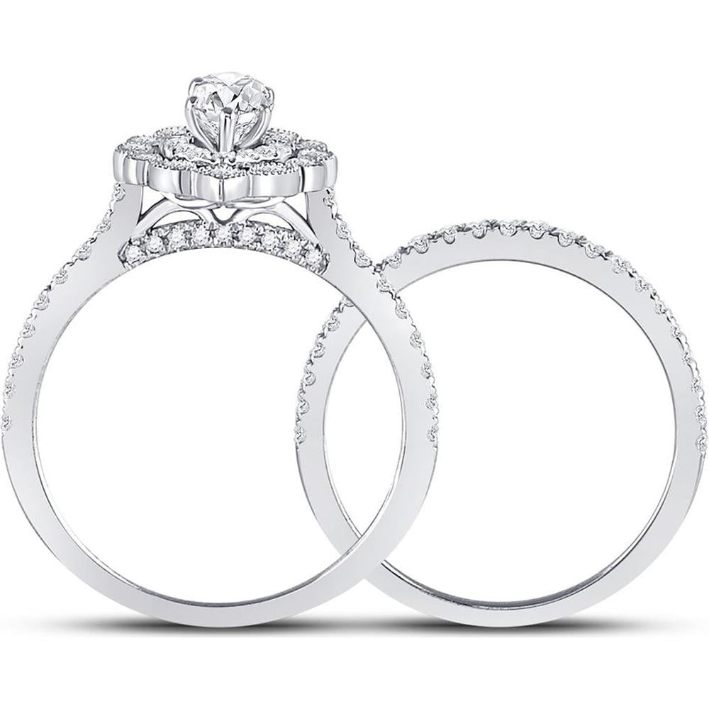 14K White Gold Marquise Diamond Halo Bridal Wedding Ring Set 1-1/4 Carat Total Weight (Certified)